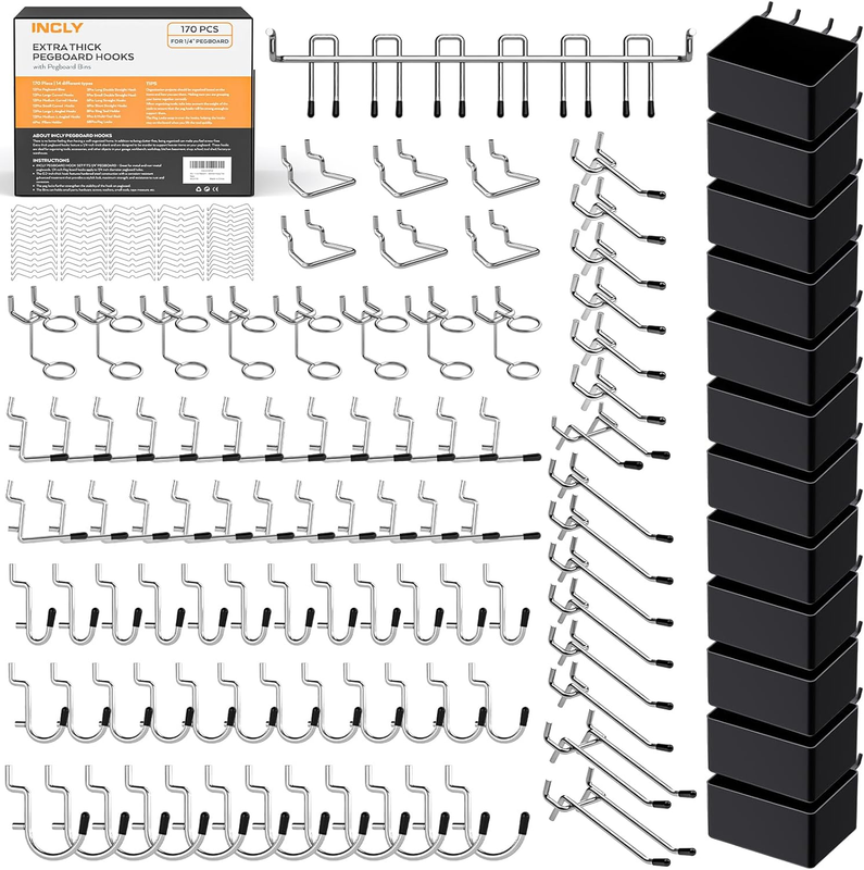 170PCS 1/4 Inch Pegboard Hooks Kit, Extra Thick Heavy Duty Peg...