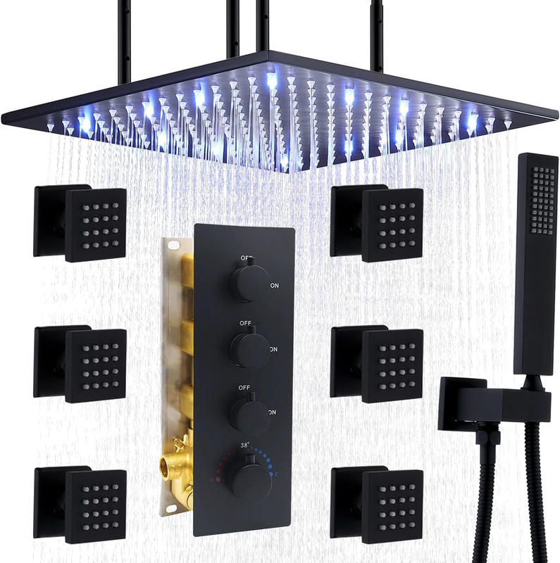20 Inch Large Rain Shower System with Body Jets Spray,  LED Rain Showerhead Fauc