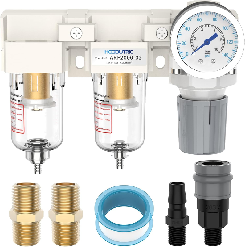 Air Pressure Regulator 1/4 NPT Double Filter Gauge Auto Drain Bracket Compressor