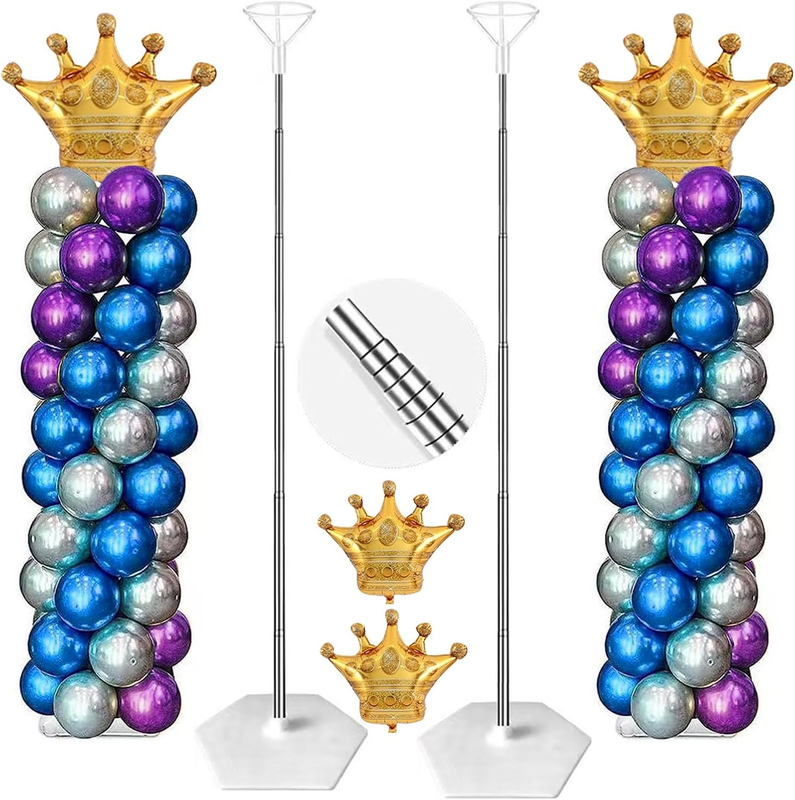 2 Sets Balloon Column Stand and Crown Balloons, 7 Ft Adjustable Metal Telescopic