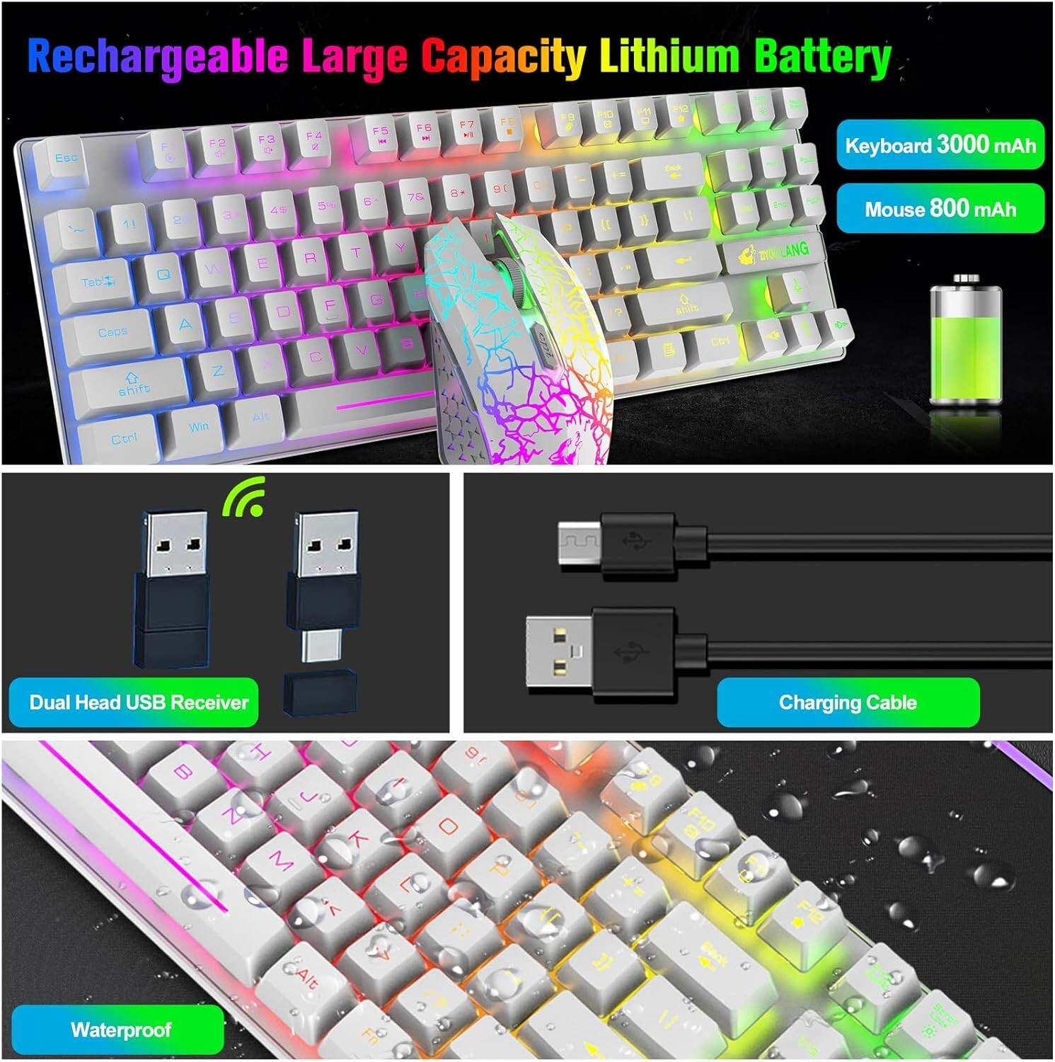 ZIYOU LANG T87 Wireless Gaming Keyboard and Mouse Combo with 87 Key Rainbow LED