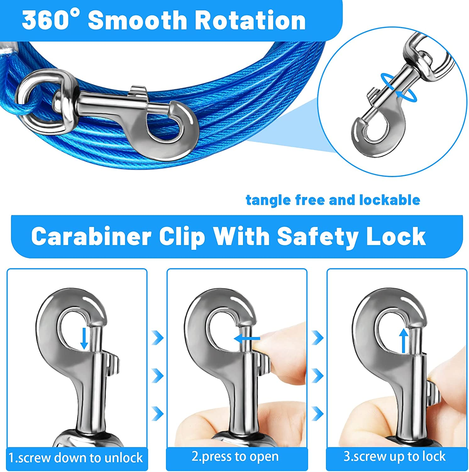 Pet Dog Puppy Tie Out Cable for Large Dogs up to 60 Lbs 20-ft outdoor blue