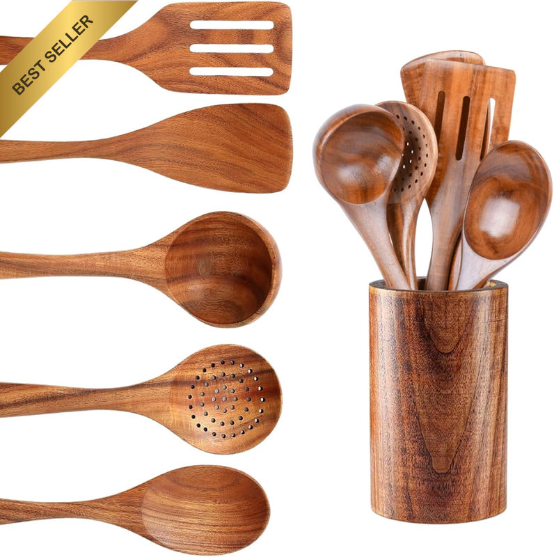6 Piece Natural Acacia Wooden Kitchen Utensil Set, Comfortable Grip Cooking Spoo