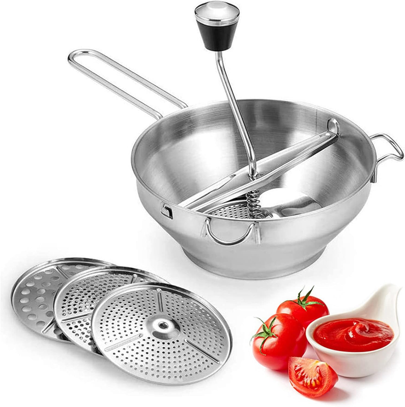 Stainless Steel Food Mill, Tomato Mill Potato Ricer with 3 Interchangeable Discs