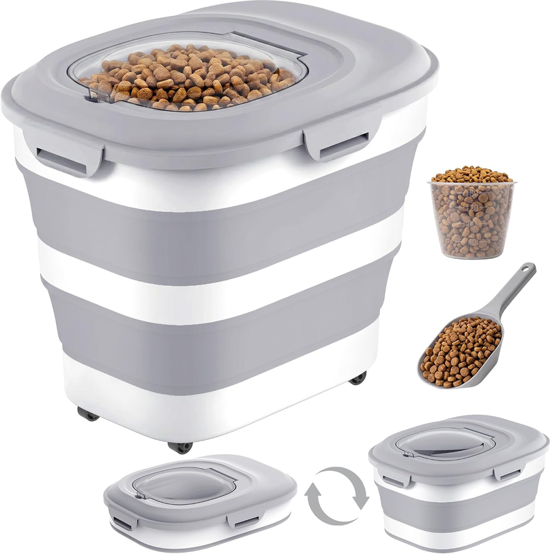 Collapsible Dog Food Storage Container Airtight Pet Bin Wheels Cat Measuring Cup