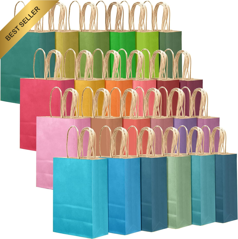 Medium 24Pcs Paper Gift Bags with Handles - Kraft Colorful Party Bags - 24 Solid