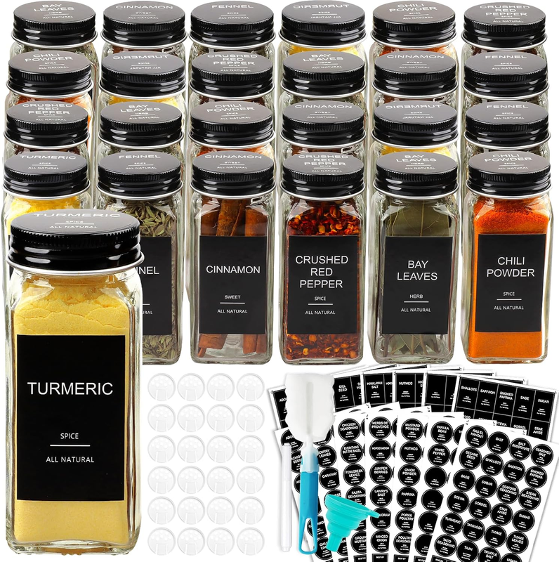 24 Pcs Glass Spice Jars with 398 Labels, 4Oz Empty Square Spice Containers Seaso