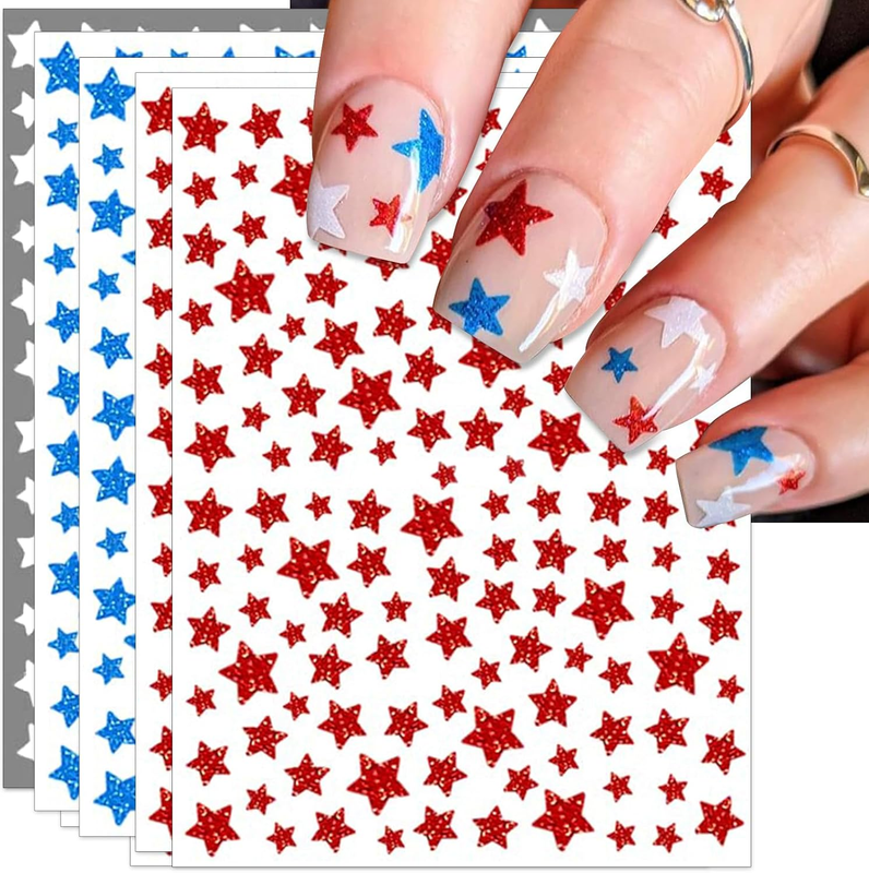 4Th of July Nail Stickers, Glitter Red Blue White Star for Independence Day Patr