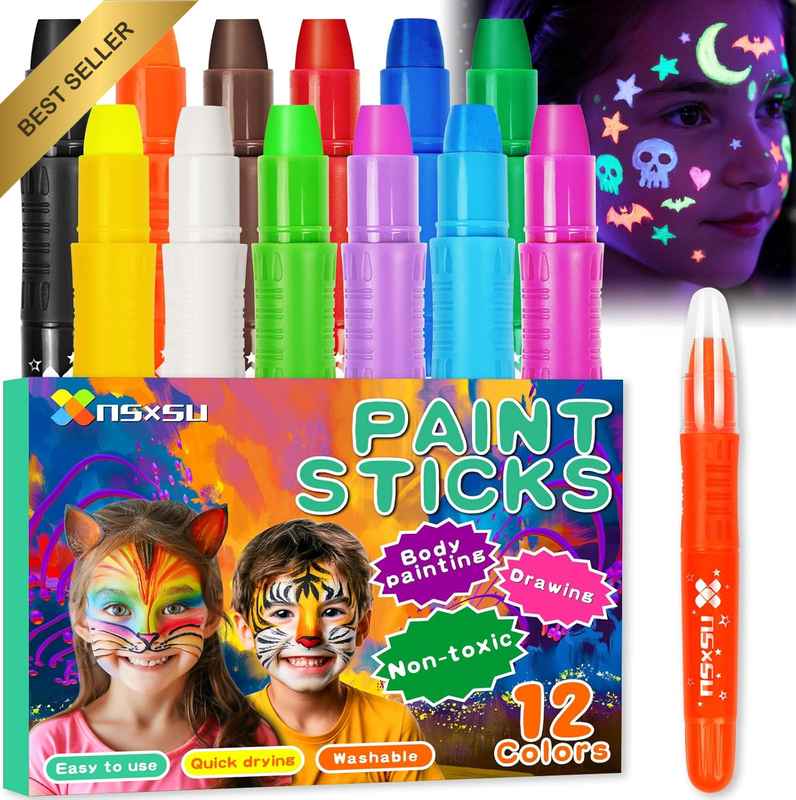 12 Color Face Paint Sticks Washable Crayons Mess-Free Body Pens Kids