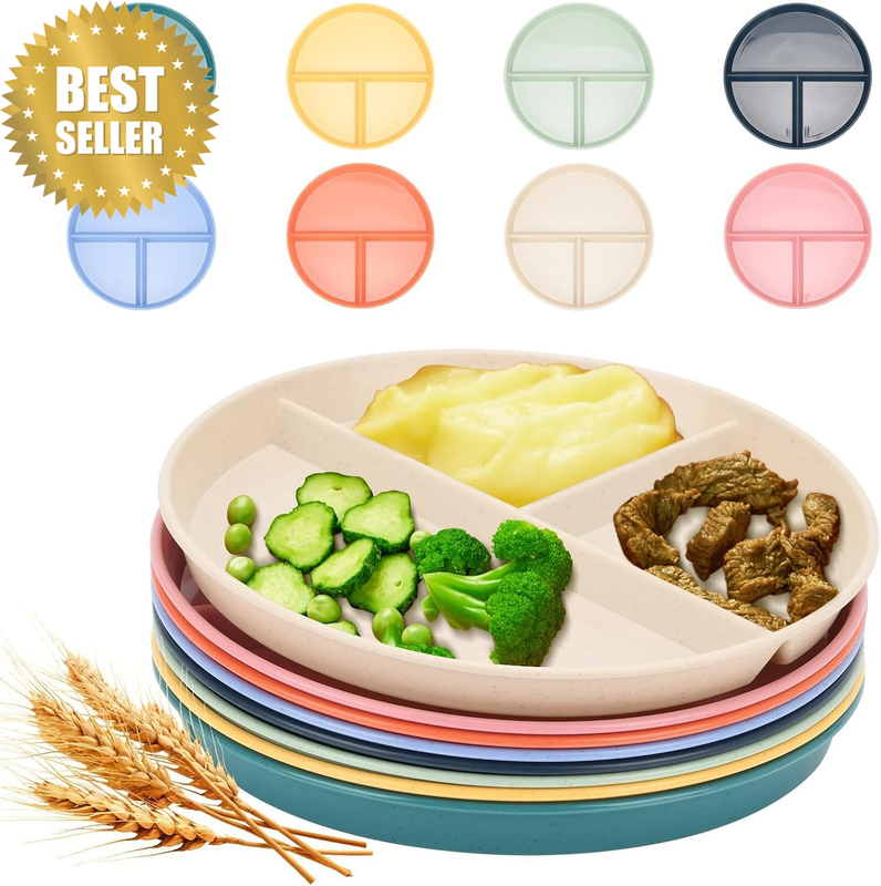 Divided Plates, 8 Pack Unbreakable 9 Inch 3 Compartment Portion Control Tray, Di
