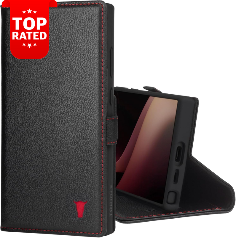 Samsung Galaxy S24 Ultra 5G Leather Wallet Case Kickstand Card Slots Black Red