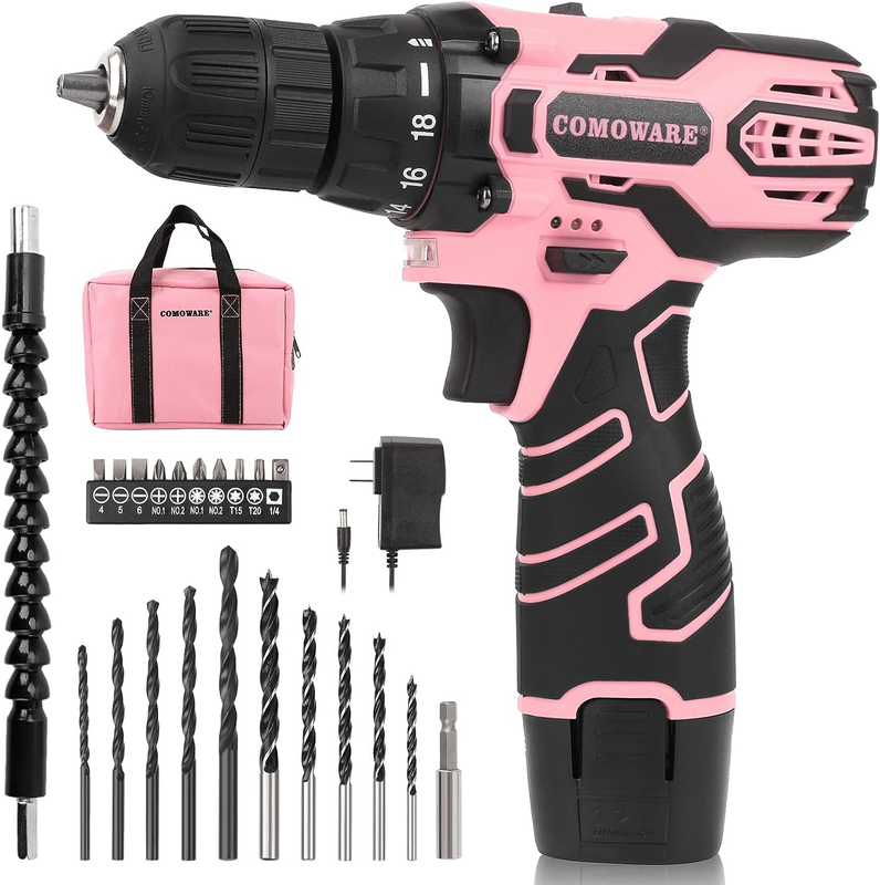 Set, 12v Power Drill, Pink Drill Set For Women, 1 Battery & 