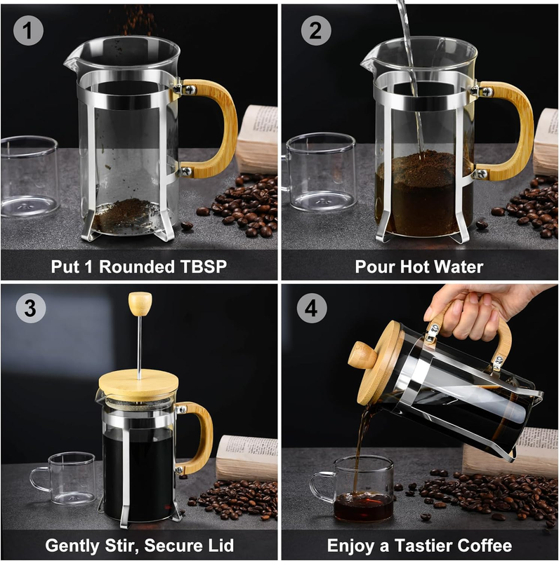 French Press Coffee Maker, Mini Coffee Press with Bamboo Handle, French Press of