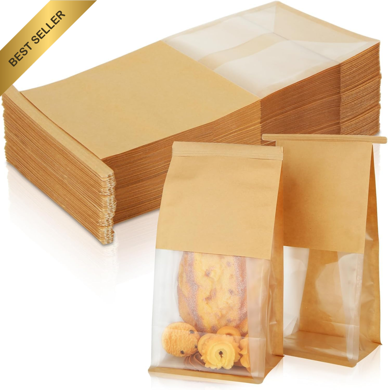 50PCS Bakery Bags with Window, 5.1 X 4.3 X 11.2 Inch Brown Tin Tie Tab Lock Bake