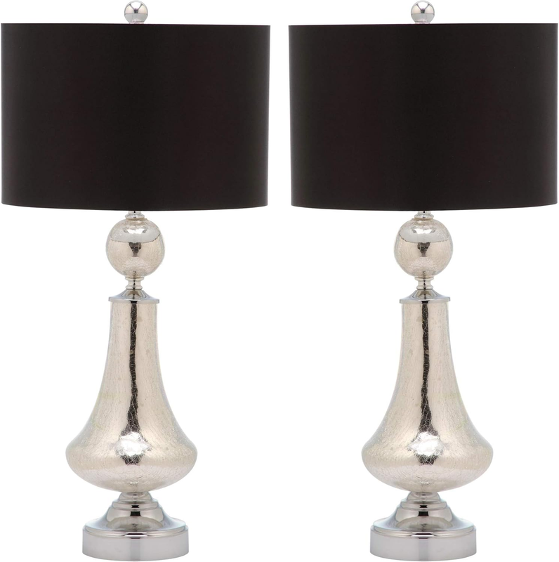 Lighting Collection Mercury Crackle Glass/ Black Shade 26-Inch Bedroom Living Room Home Office Desk Nightstand Table Lamp Set of 2 (LED Bulbs Included)