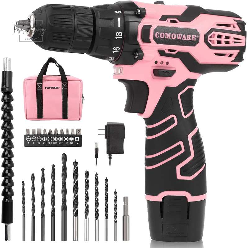 , 12v Pink Cordless Drill, Pink Drill Set For Women, 1 Batte
