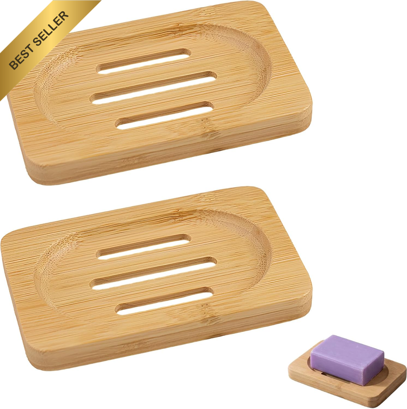 2 PCS Natural Bamboo Soap Trays Set, Dish Holder Self-Draining Non-Slip Trays fo