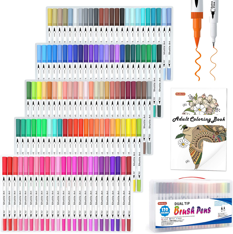 120Colors Dual Tip Brush Art Marker Pens W/ 1Coloring Book for Kids Adult Artist