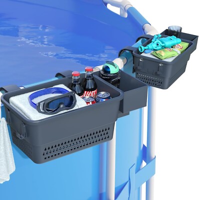 2 Pack Poolside Storage Basket with Cup Holder Hooks,Stretchable Pool Toy Basket