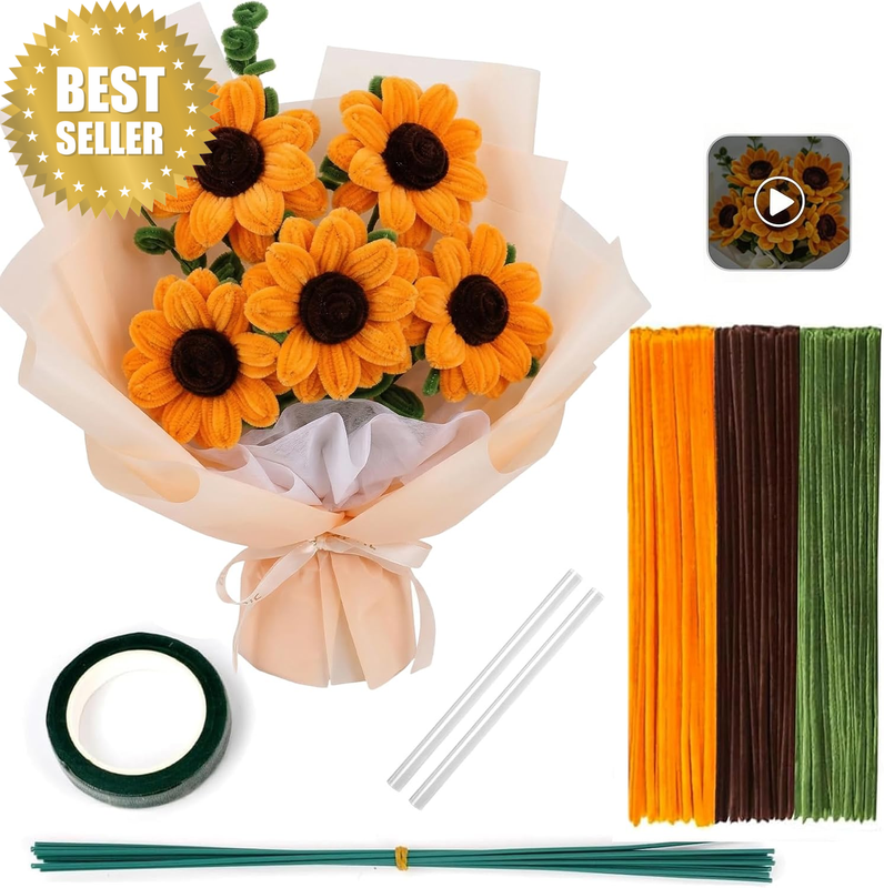300 Pcs Pipe Cleaners Craft Kit, DIY Sunflower Bouquet Flower Making Supplies wi