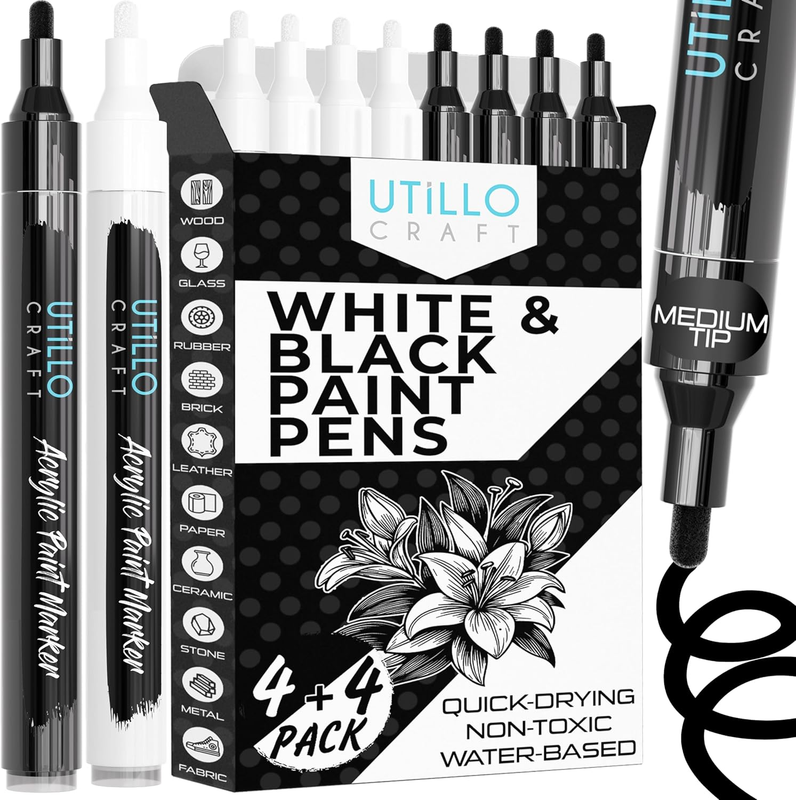 Black and White Paint Pens (8-Pack), 2-3Mm Medium Markers