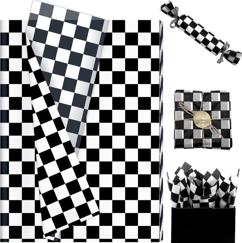 60 Sheets Checkered Tissue Paper, 14'' X 20'' Black and White Race Car Black Pla