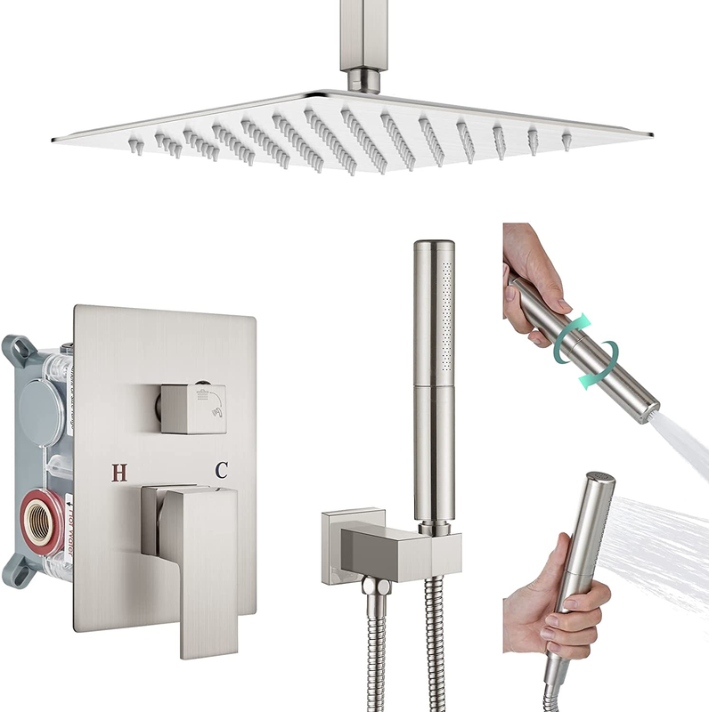 Ceiling Mount Brushed Nickel Shower System 10 Inch Rain Shower Head Square Rainf