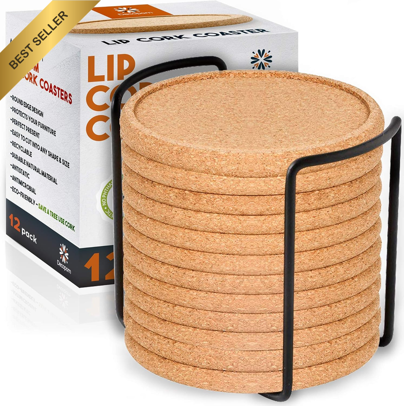 Cork Coasters with Lip for Drinks Absorbent | 12 Set 4 Inch Thick Rustic Saucer