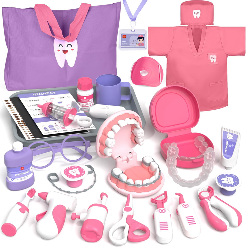 Kids Pink Dentist Kit Toy Medical Set Costume Bag Dental Model Role Play
