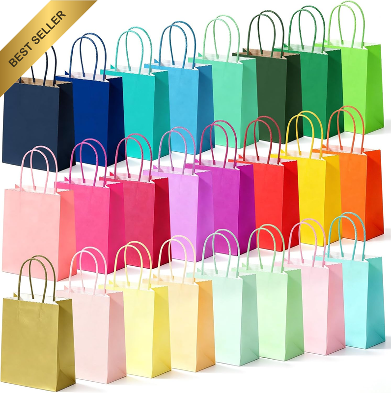 24 Pcs 22X16X8Cm Small Colourful Party Gift Bags with Stickers | 24 Assorted Col
