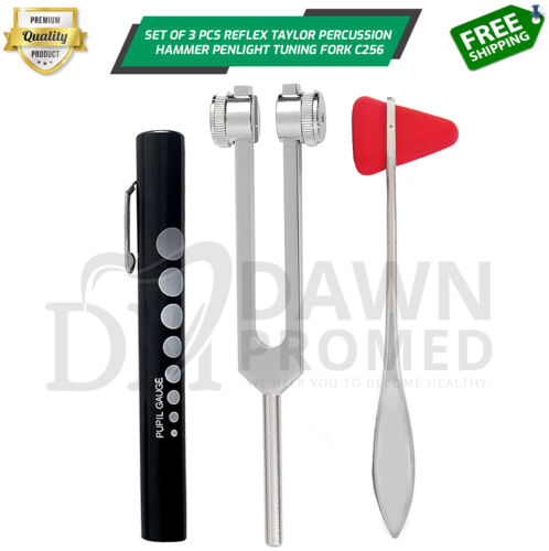 Set of 3 pcs Reflex Taylor Percussion Hammer Penlight Tuning Fork 256 Diagnostic