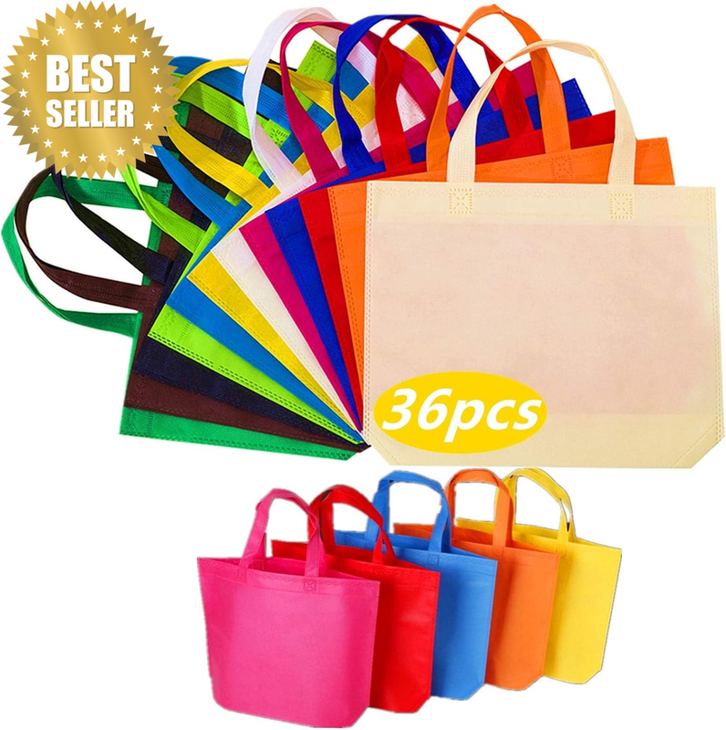 36 Pack 13" 12 Colors Multi-Color Reusable Tote Gift Bags One Side Blank Non-Wov
