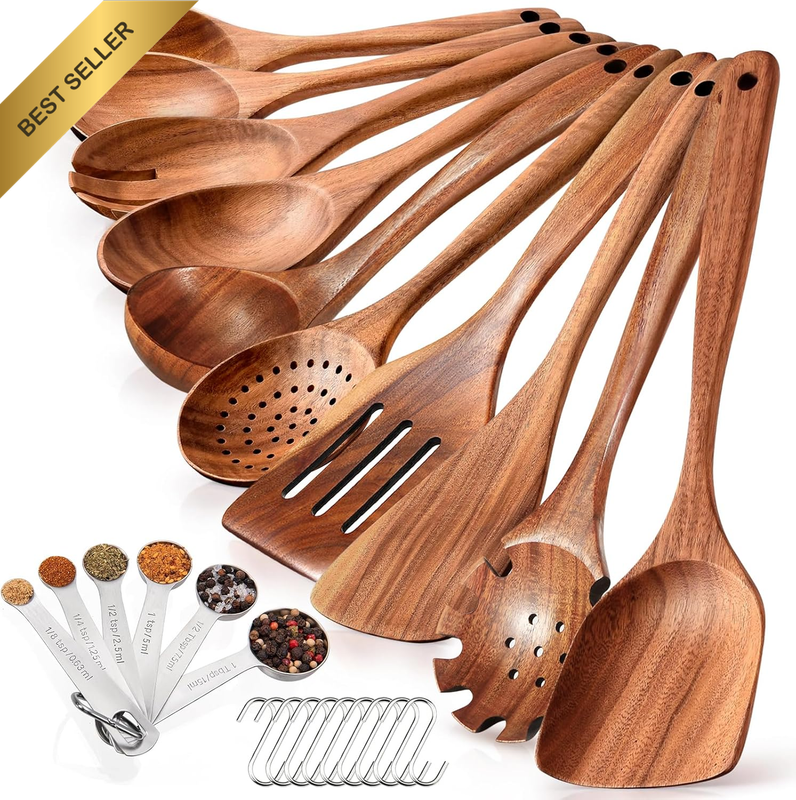Teak Wooden Utensils for Cooking,10Pcs Cooking Utensils Set Include Slotted Spoo