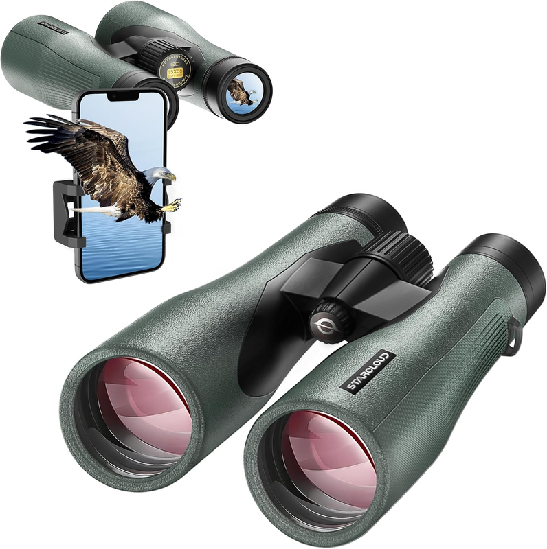 15X55 UHD Lightweight Binoculars for Adults with Upgraded Phone Adapter, Large View IPX7 Waterproof Binoculars for Bird Watching, Hunting, Hiking, Stargazing (15X55)