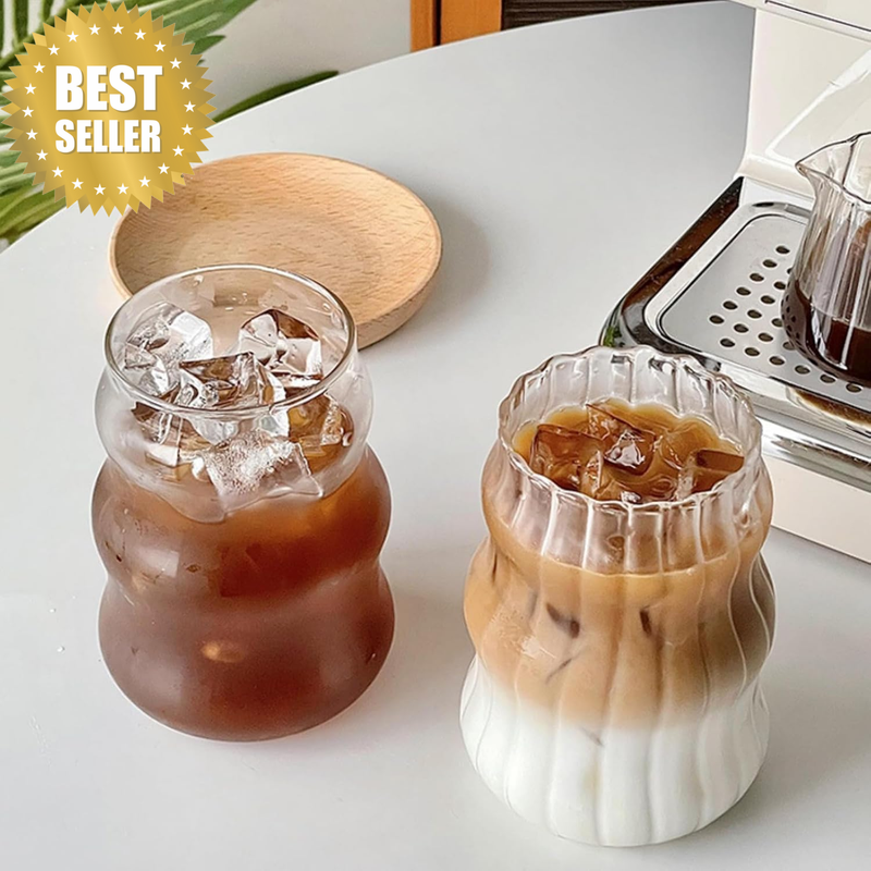 Vintage Ribbed Glass Drinking Cups 2 Pack, Wave Design Clear Glass Tumblers 530M