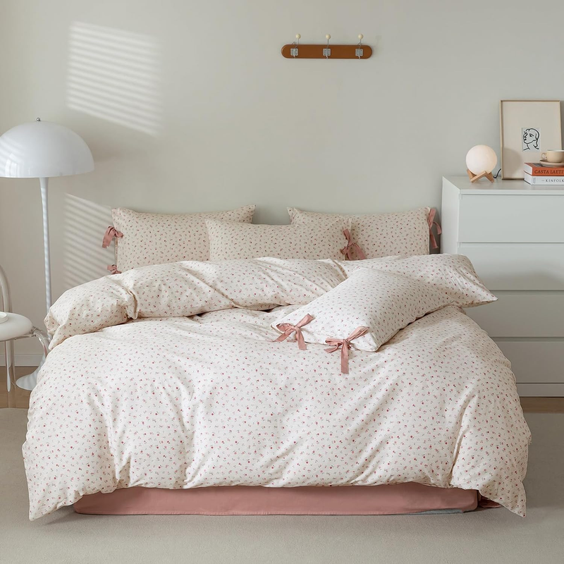 Aesthetic Floral Print Duvet Cover for Kids Adults, Pure Cotton Comforter Cover Set 3Pcs, 1 Soft Bedding Duvet Cover Queen Size with Zipper Closure and 2 Pillowcases with Bowknot for Room Decor