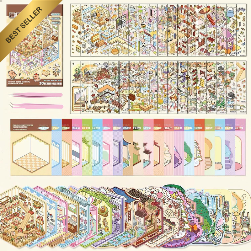 DIY 3D Sticker Scene Book - 20 Sets of Cute Cartoon House Stickers for Stress Re