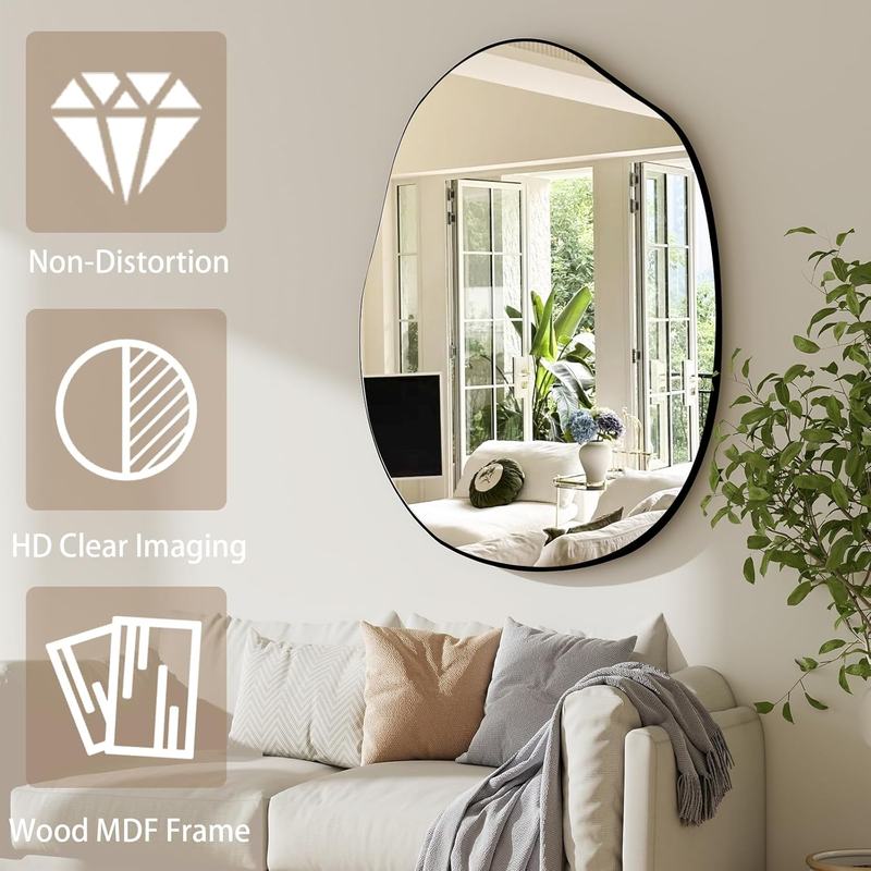 Irregular Wall Mirror 24"x32" Black Asymmetrical Bathroom Mirror Wood Framed Mod