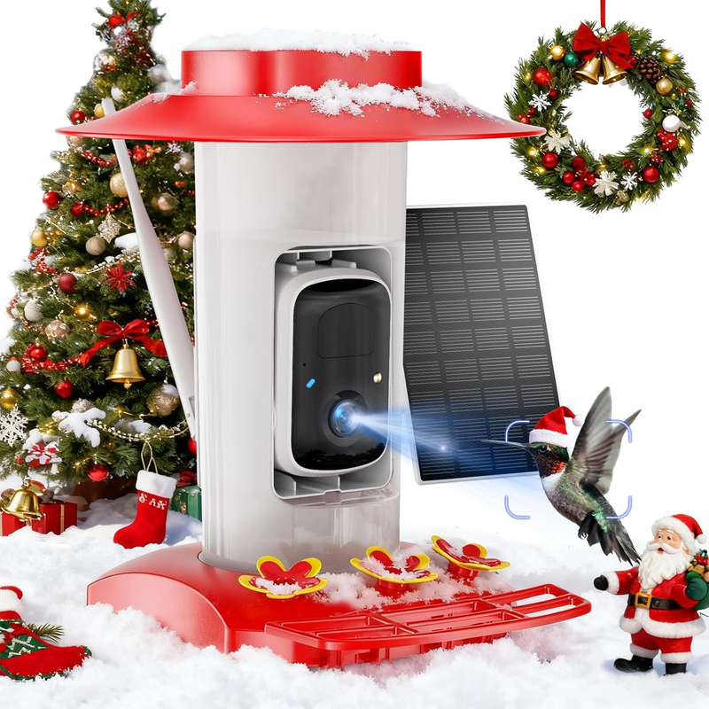 Hummingbird Feeder with Camera Outdoor,  Hanging Bird Feeder with Ant Moat & Bee-Proof, HD 2K Solar Powered, AI Bird Identify, Instant App Alerts, Auto Capture, Hummingbird Lover Gifts, 21Oz, Red