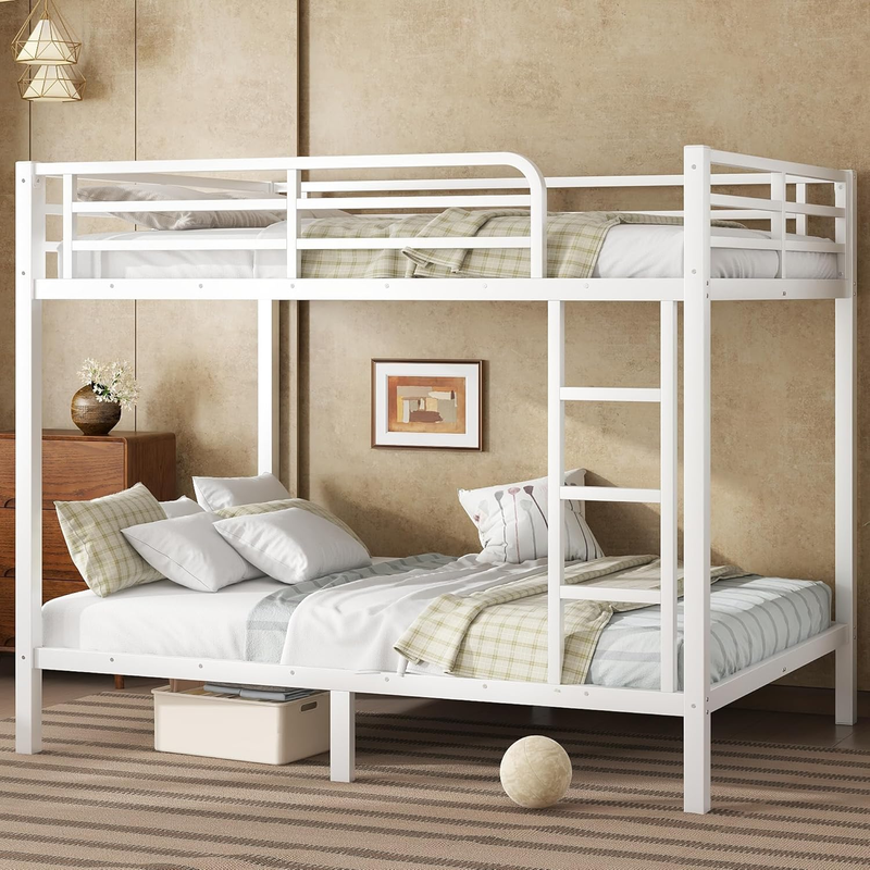 Full over Full Bunk Bed for Adults, Full Size Bunk Beds Frame with Build in Ladder and Full Length Guardrail, Easy Assemble Bunkbeds, Noise Reduced, Mattress Not Included, White