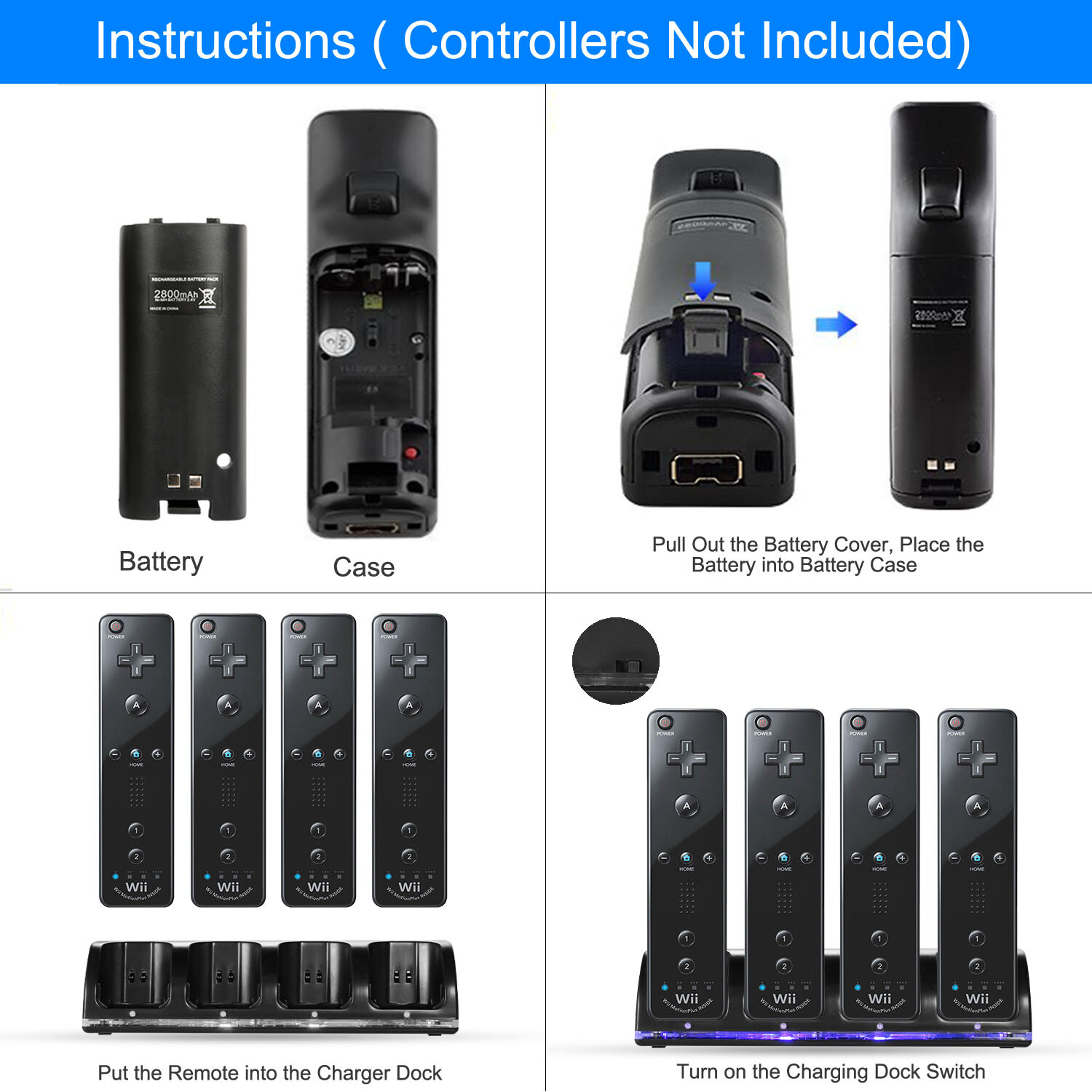 USB 4 Rechargeable Battery + Charging Station For Nintendo Wii Remote
