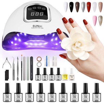 Gel Nail Polish Kit and 9 Colors 7.3ml French Nail Art Set w/LED 168W Nail Dryer