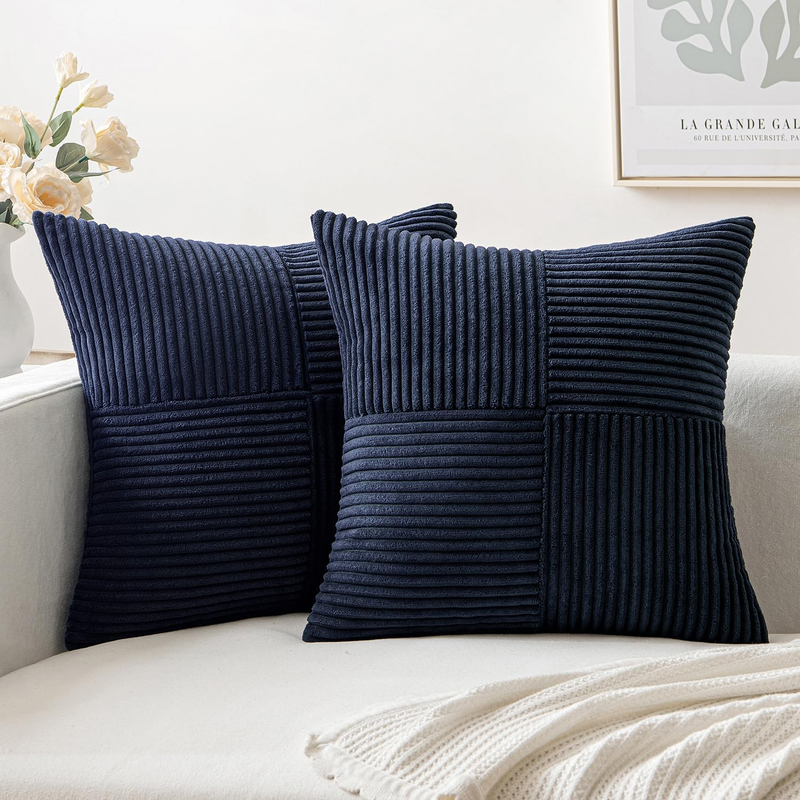 Dark Blue Corduroy Pillow Covers Pack of 2 Boho Decorative Spliced Throw Pillow Covers Soft Solid Couch Pillowcases Cross Patchwork Textured Cushion Covers for Living Room Bed Sofa 18X18 Inch