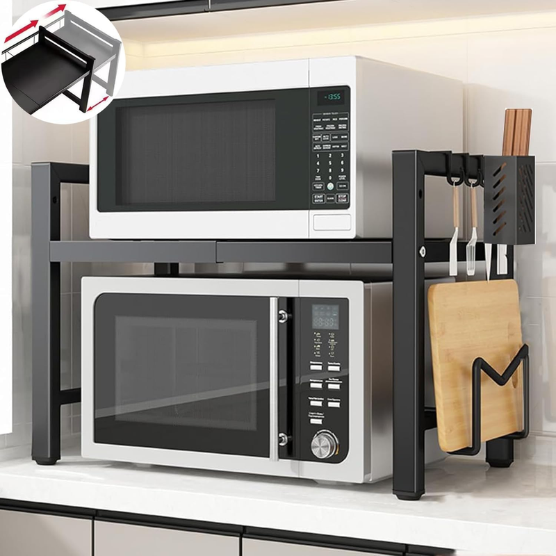 Expandable Microwave Oven Rack, 2 Tier Kitchen Countertop Shelf, Large Stand wit