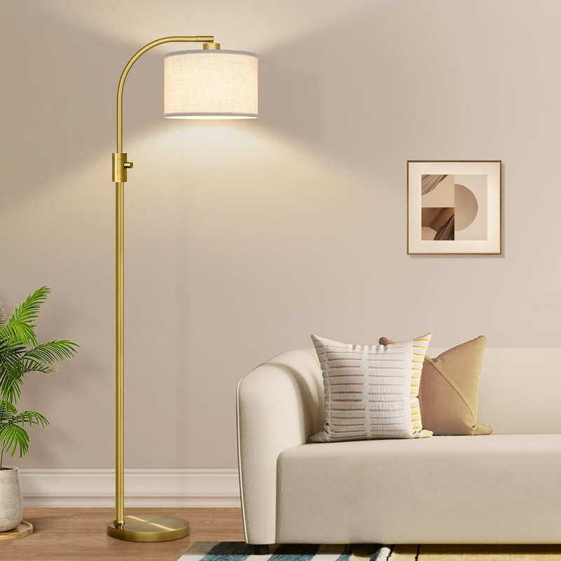 Brass Arc Floor Lamp - Dimmable LED with White Shade for Living Room, Bedroom, Office & More