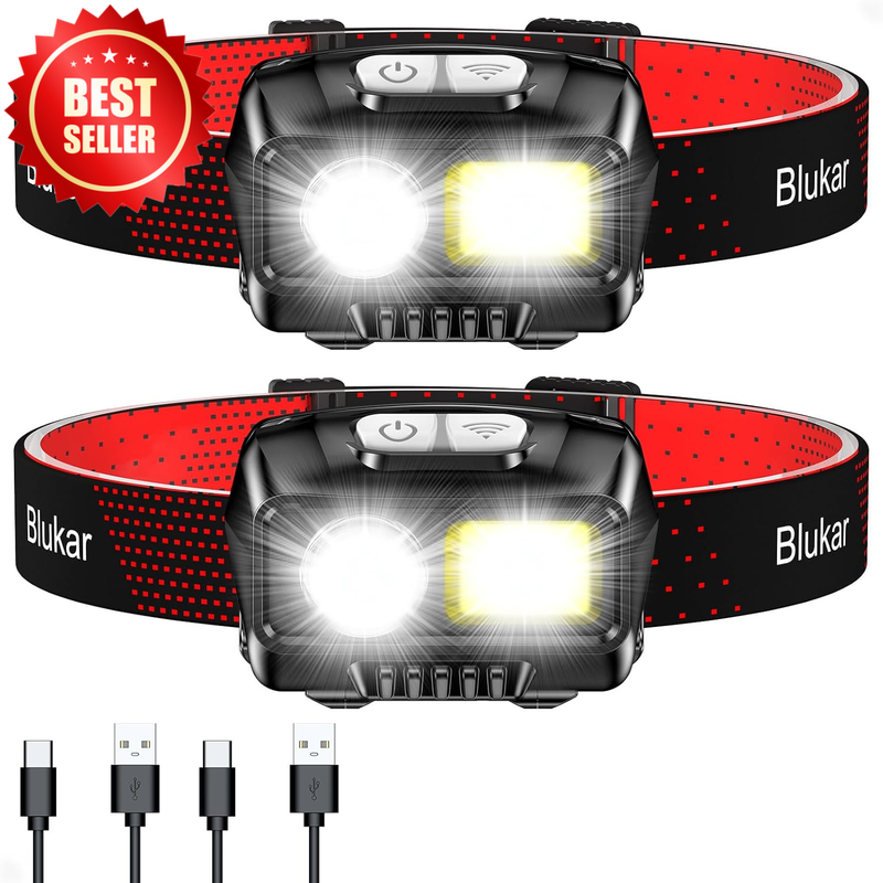 2 PACK 2000L LED Headlamp Rechargeable Motion Sensor Dimmable Waterproof US