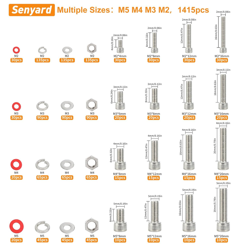 1415pcs M2 M3 M4 M5 Nuts and Bolts, 304 Stainless Steel Metric Bolt Assortment (