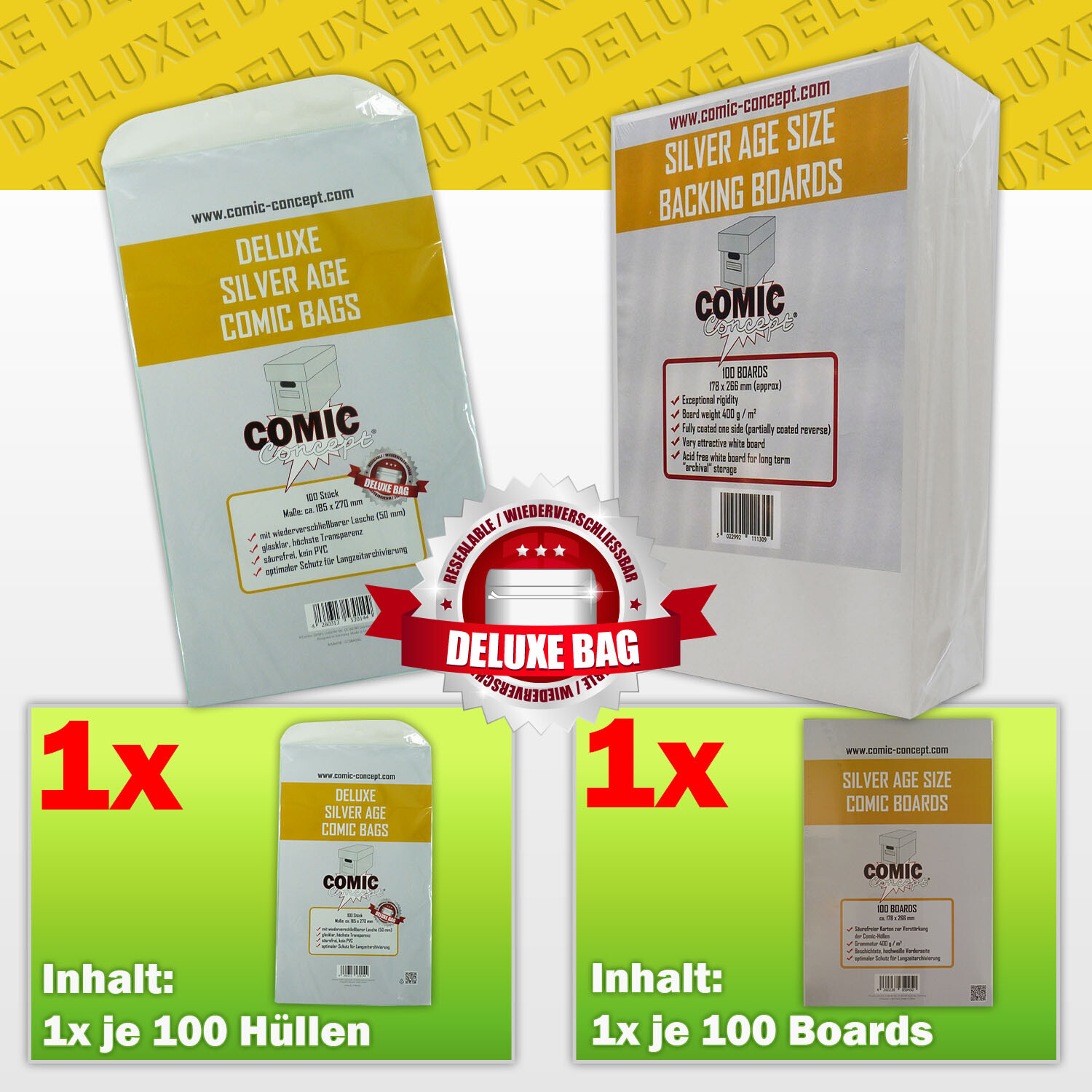 Comic Concept Sparpaket: 100x Deluxe Silver Age Bags (selbstkl.) + Boards
