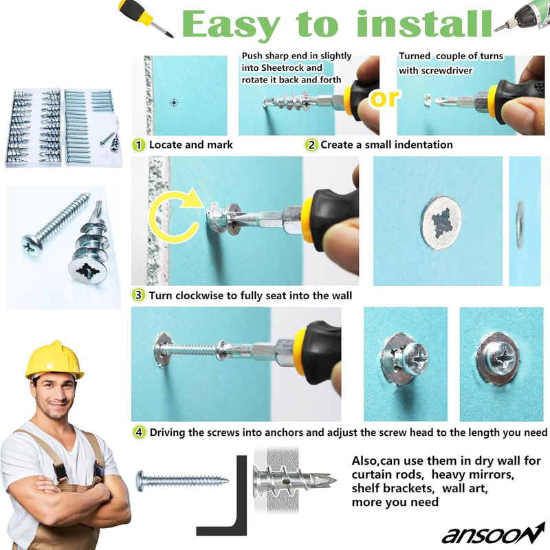 Zinc Self-Drilling Drywall Anchors with Screws Kit, 10 Heavy Duty Metal Wall Anc