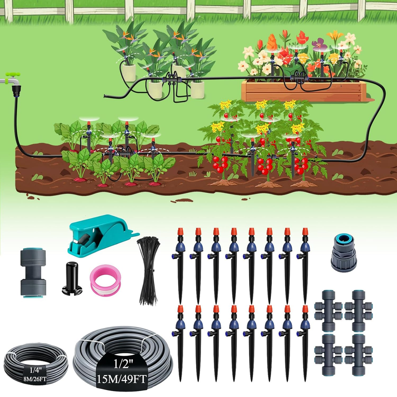 Drip Irrigation System 1/2 Main Pipe 1/4 Branch Pipe for Garden Flower Bed Lawn